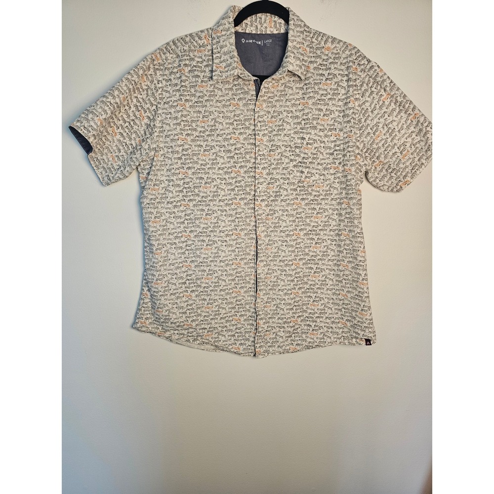 Safari Airwalk Tiger Print Button Down Shirt Men Large White Short Sleeve Cotton